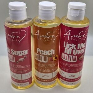 Set of 3 Amore Body Oils ~ 4 oz Each ~ Pink Sugar, Peack, & Lick Me All Over NEW
